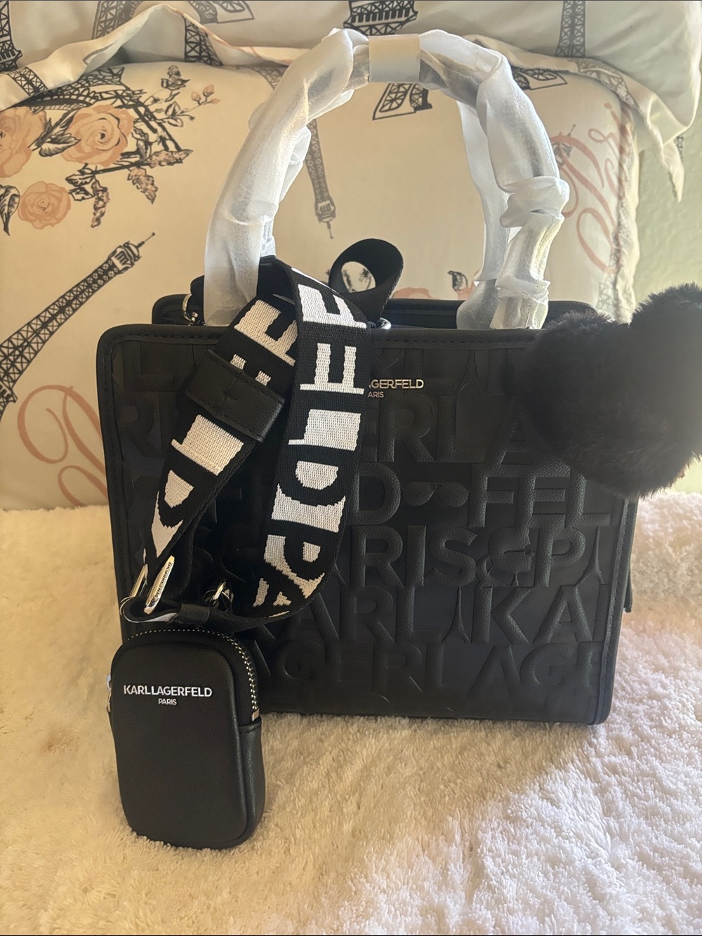 Karl Lagerfeld Black Embossed Shoulder Bag, W Pouch / EarPods